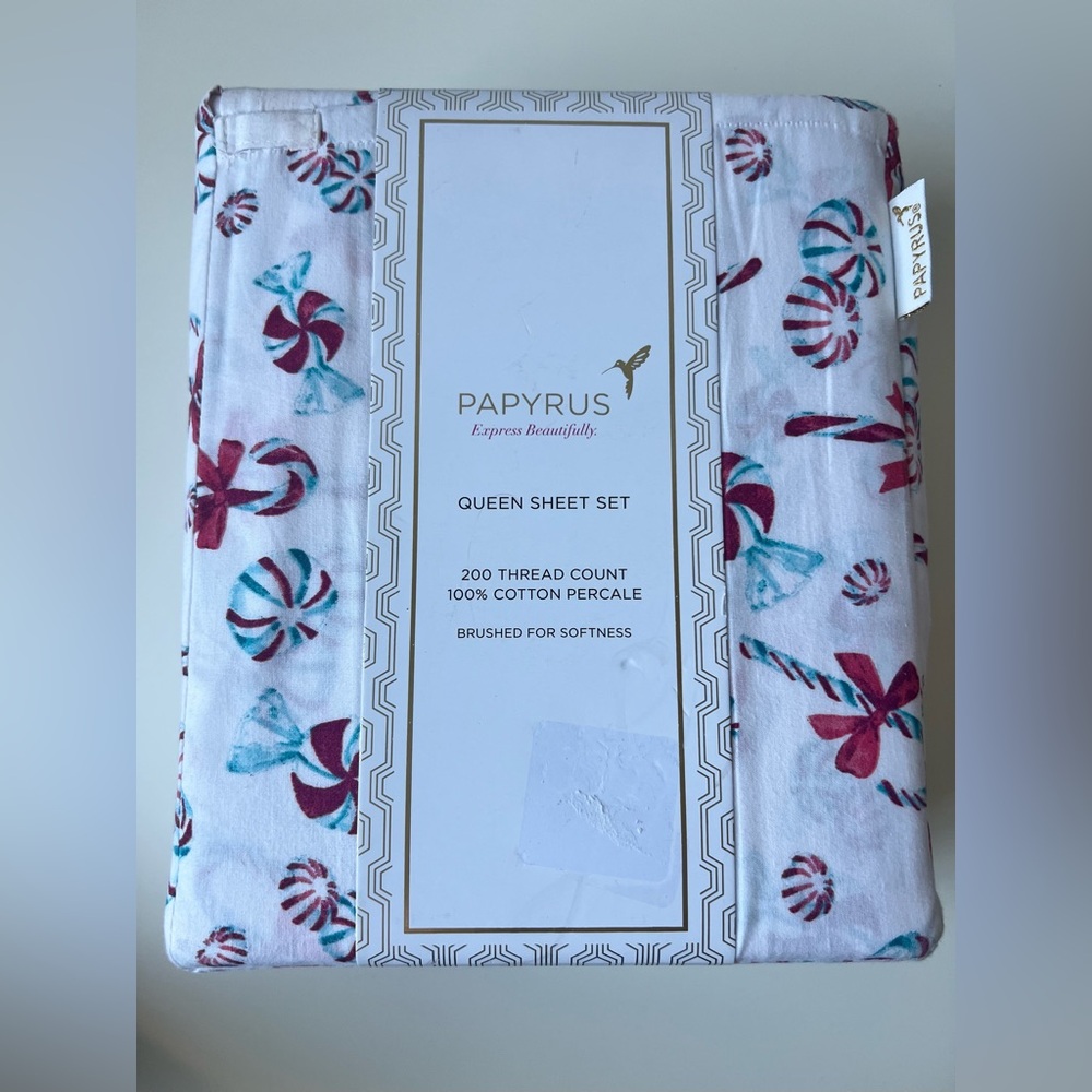 4 pc Papyrus Candy Cane Queen Sheet Set Cotton Percale Christmas Peppermints